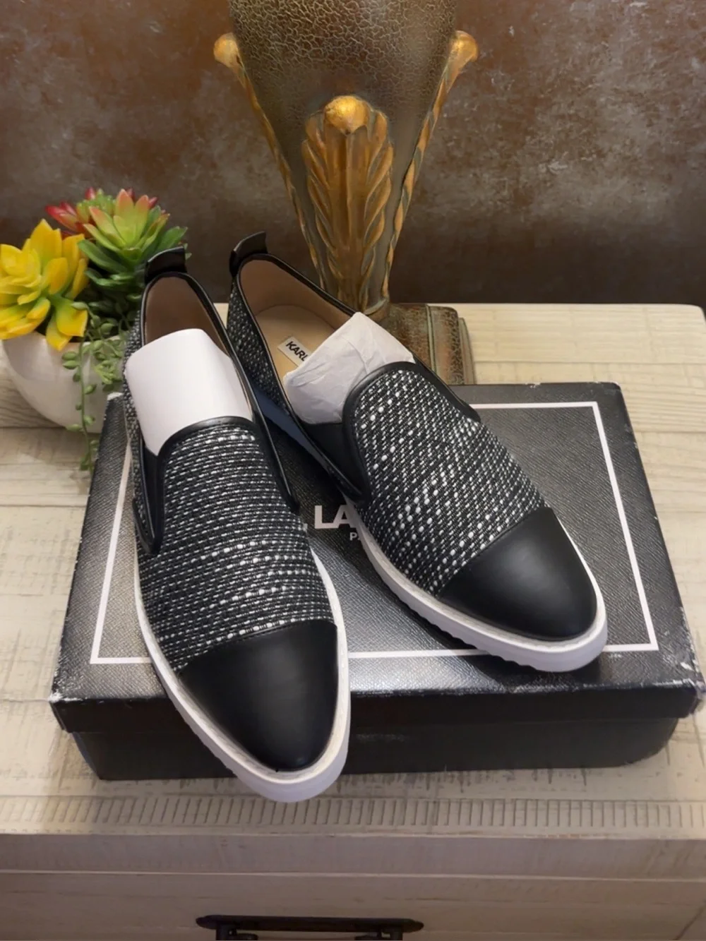 Like New ~ Karl Lagerfeld Black & White Slip-On Loafers ~ Size 9